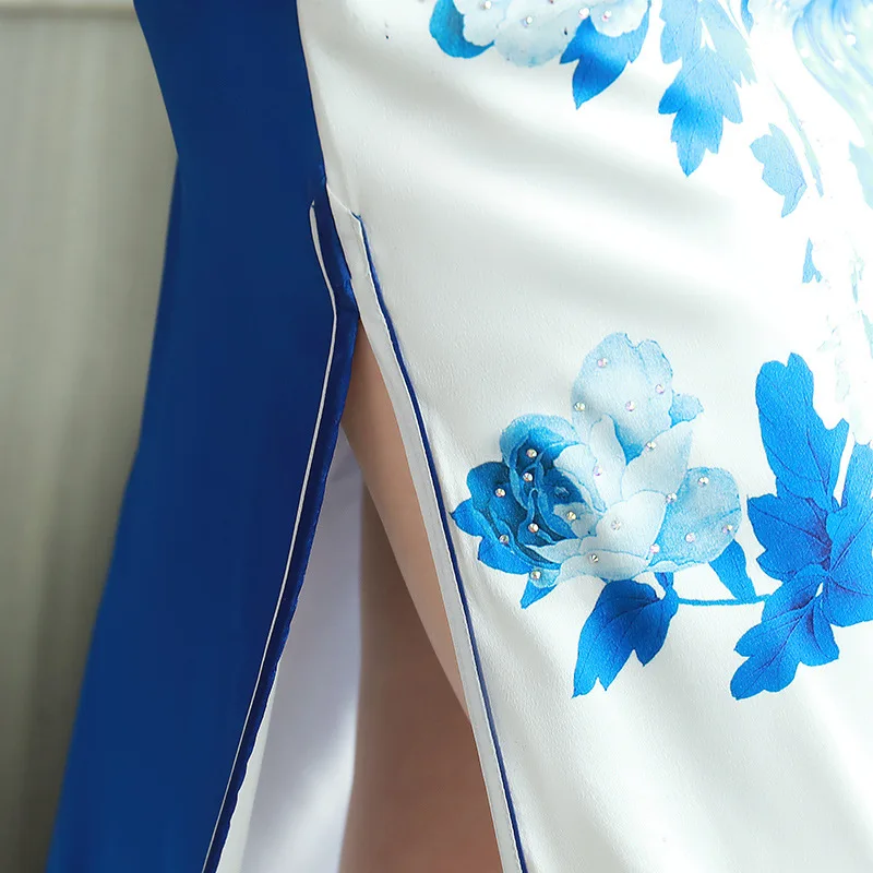 Улучшенный длинный Ципао версия горячей просверленной Cheongsam молодой сексуальный Cheongsam павлин китайский стиль вечернее платье