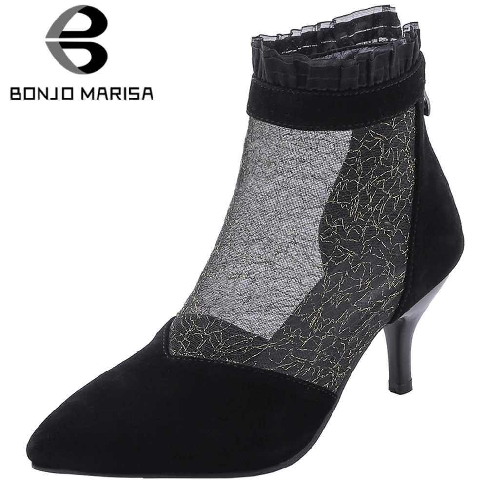 

BONJOMARISA Sexy Lady Summer Boots Pointed Toe Flock Lace Cloth Thin Heel Ankle Boots Women Casual Office Party Shoes Woman
