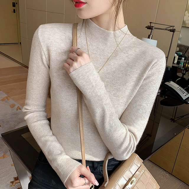 AOSSVIAO Turtleneck Sweater Women Fashion 2021 New Stretch Tops Women Knitted Pullovers Long Sleeve Bottoming Knitted Sweater Milk tea color