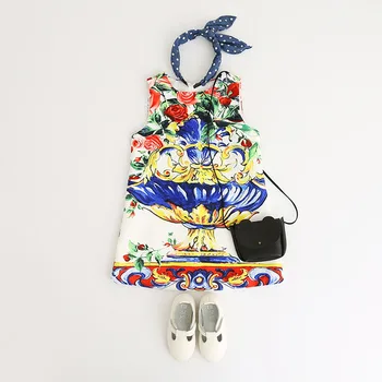 

Spring Summer quality girls dress baby dress kids brand vestidos children sleeveless clothes vase pattern print 2 to 9 yrs