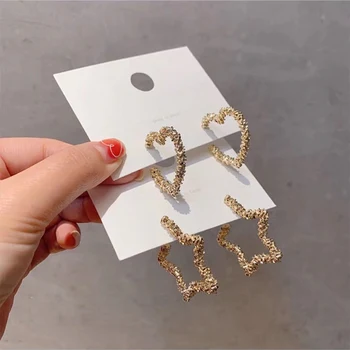 

MENGJIQIAO New Fashion Gold Color Metal Heart Star Sweet Stud Earrings For Women Geometric Party Bijoux Brincos Jewelry