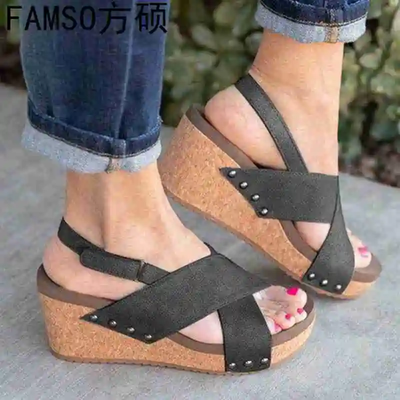 

FAMSO 2019 New Shoes Women Sandals Black Classics Large Size 34-43 Elegant Peep toe Cross-Strap Summer Casual Wedges Sandals