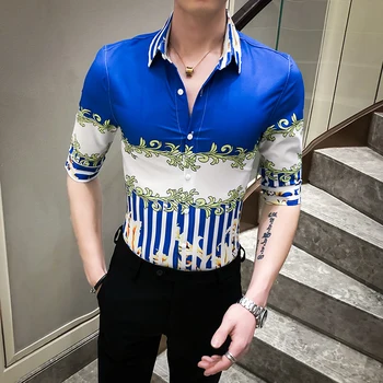

Designer Striped Men Shirt Slim Fit Short Sleeve Shirts 2020 Summer Social Dress Shirt Night Club Party Blusa Camisa Masculina