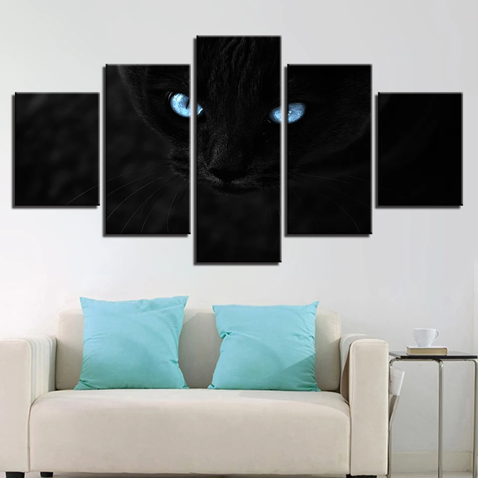 

Modular HD Prints Poster Canvas Pictures 5 Pieces Black Cat Two Blue Eyes Luminous Painting Decor Living Room Wall Art Framework