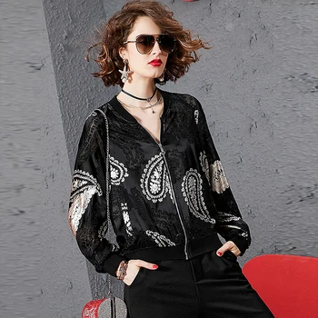 

Jacket Women Plus Size 25% Silk Blended Loose Printed Sunscreen Long Sleeves Zipper Casual Bomber Short Coat Style New Fashion