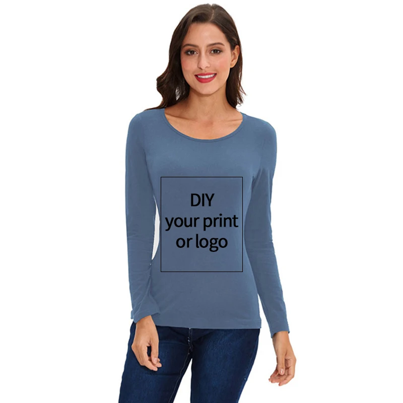 long sleeve O-neck Заказная хлопковая Футболка спандекс с коротким рукавом белые футболки топы с принтом собственного логотипа для униформы или пары - Цвет: long sleeve O-neck