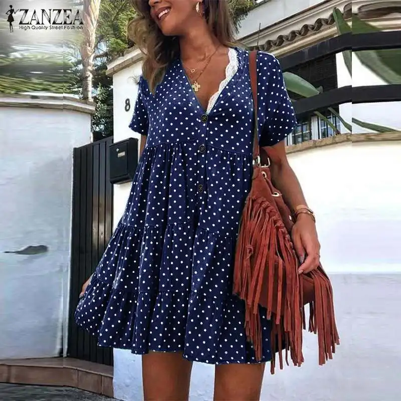 Плюс размер ZANZEA Летнее мини-платье женское повседневное с v-образным вырезом короткий рукав горошек оборки Вечерние Короткие vestidos Сарафан женский