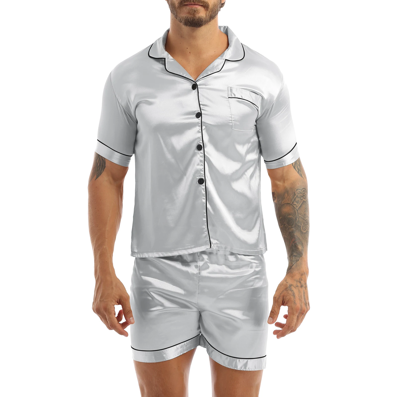 Mens Silky Satin Pajamas Set Lounge Sleepwear Nightwear Notch Collar Button Down Shirt Top with Elastic Waist Boxer Shorts mens pjs sale