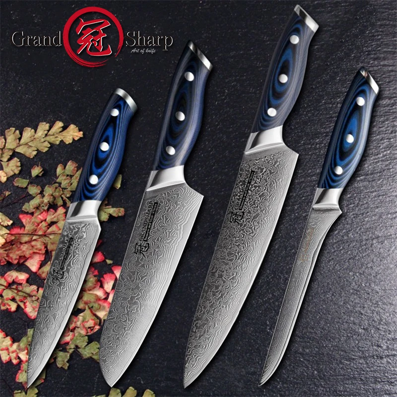 GRANDSHARP 4 шт. дамасский поварской нож японский Дамасская сталь кухонные ножи vg10 шеф-повара Pro Инструмент Santoku Универсальный нож-топорик