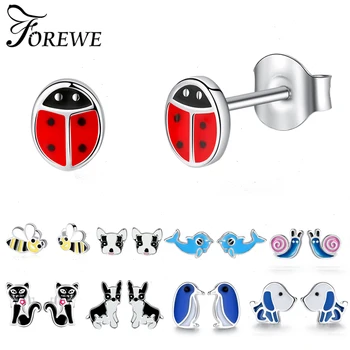 

Fashion Cute Animals Bee Dolphin Cat Dog Ladybug Enamel Earrings 925 Sterling Silver Stud Earrings for Girls Kids Women Jewelry