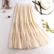 Трапециевидные кружевные длинные юбки, Женская мода, весна-осень, корейские плиссированные юбки с высокой талией, женские юбки с подкладкой