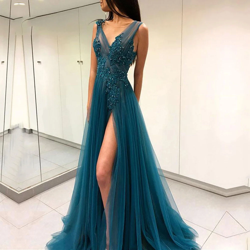 『Cheap!!!』- A Line Prom Dresses Sexy Side Slit Backless V Neck Beaded
Pearls Sleeveless Formal Evening Party Vestidos De Fiesta Custom Made