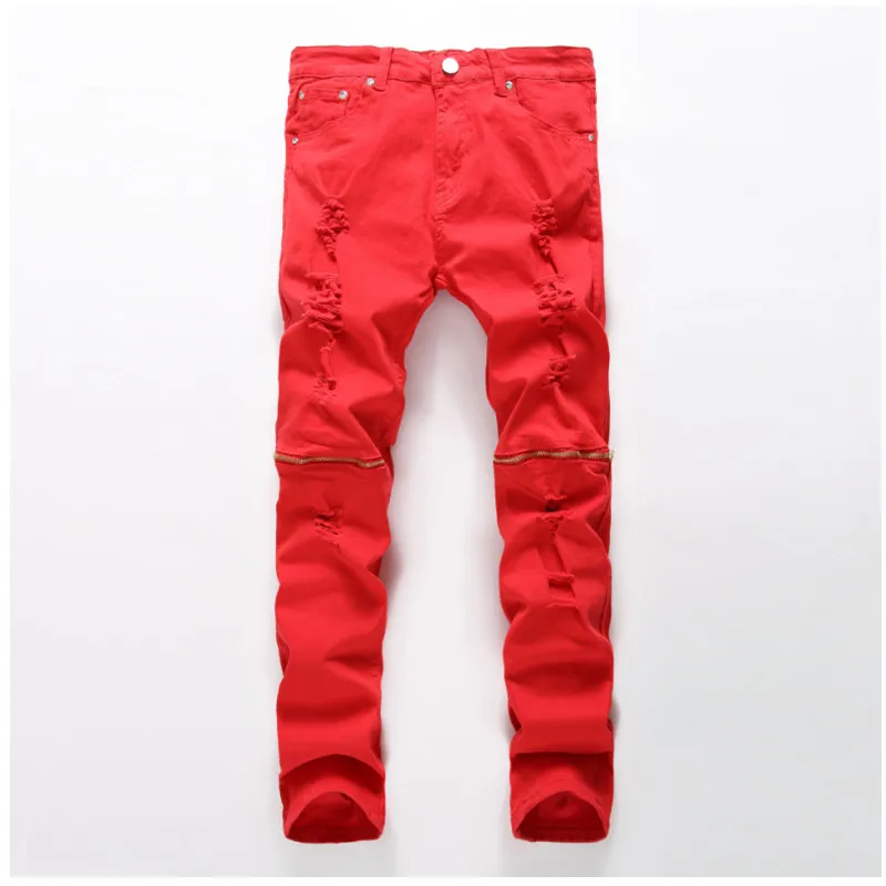 

Men's ripped slim pure white red black large size biker jeans Fashion casual patchwork Knee zipper Elastic denim pants trousers