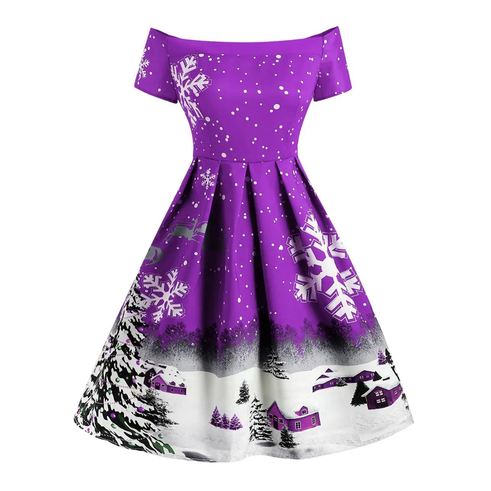 Рождественское Платье женское модное винтажное рождественское платье трапециевидной формы с принтом снежинки с открытыми плечами женское платье robe noel femme