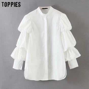 

2020 white shirt layer ruffles long sleeve blouses women stand collar tencel shirts solid color