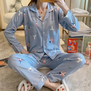 

New Arrival Fashion Pajamas For Women Cotton Lapel 2 Pcs Leisure Pyjama Sets For Girl Loose Comfortable Home Wear