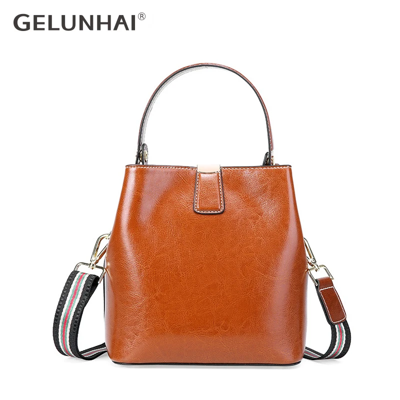 

Oil wax Cowhide women's handbag 100% Genuine leather Portable bucket bag Simple one Shoulder Messenger Bag Korean Corssbody bags