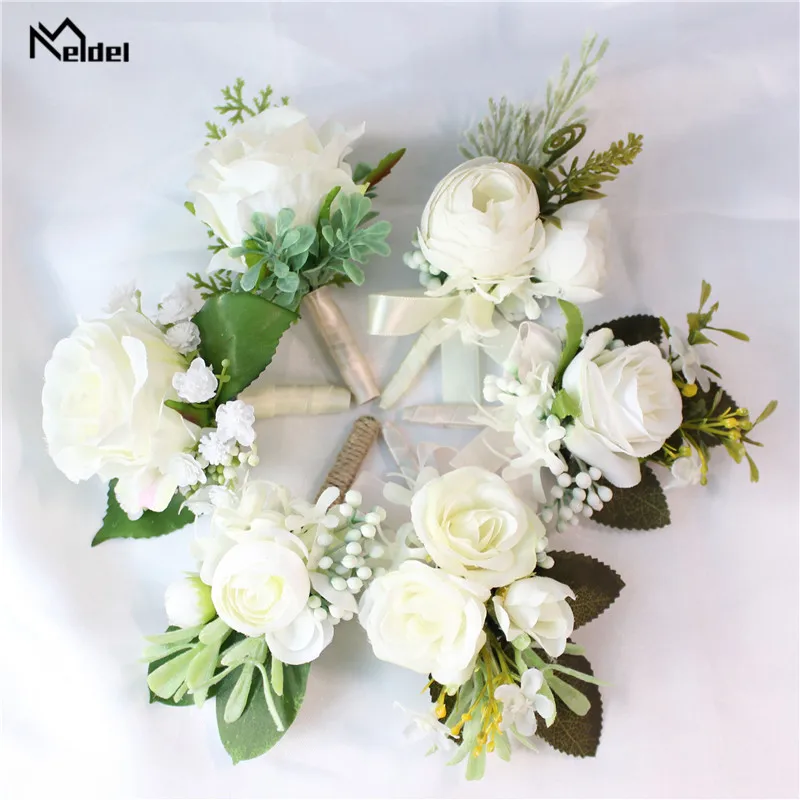 

Meldel Wedding Boutonniere Flower White Rose Bride Wrist Corsage Bracelet Groom Boutonniere Wedding Witness Marriage Accessories