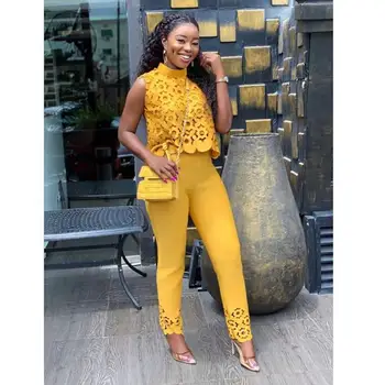 

2019 Autumn Sleeveless Hollow Out Women's Suit Temperament Tracksuit Outfit Top And Pants Two Piece Set