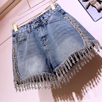 

Rhinestone tassel high waist denim shorts women summer fashion diamonds heavy work wide leg jeans shorts