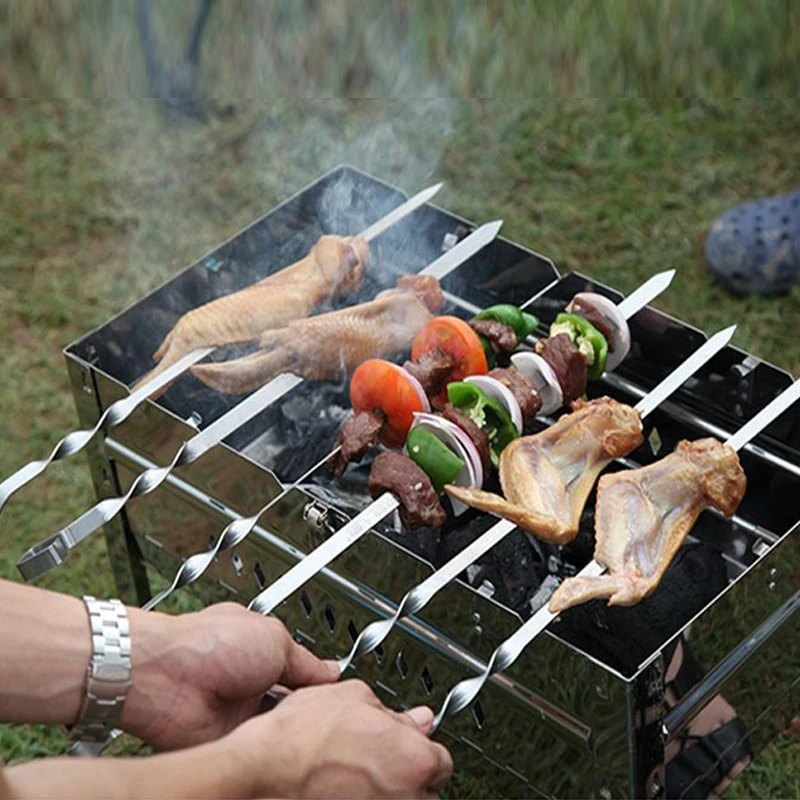 Stainless Steel Barbecue Skewer Sticks BBQ Forks Set Long Handle Kabob Skewers Flat Heavy Duty Camping Tools 21.6'' 55CM 6-12pcs barbecue skewers bbq grilling accessories