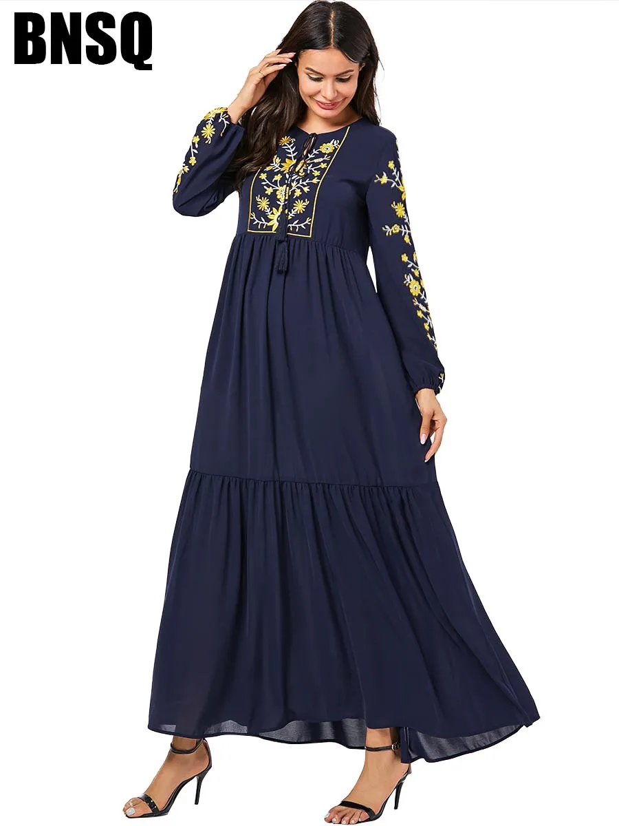 Модное мусульманское платье арабский abaya женский турецкий плюс размер темно-синий хлопковый вышитый длинный рукав Caftan Robe Femme vestidos - Цвет: Dark Blue  Dress