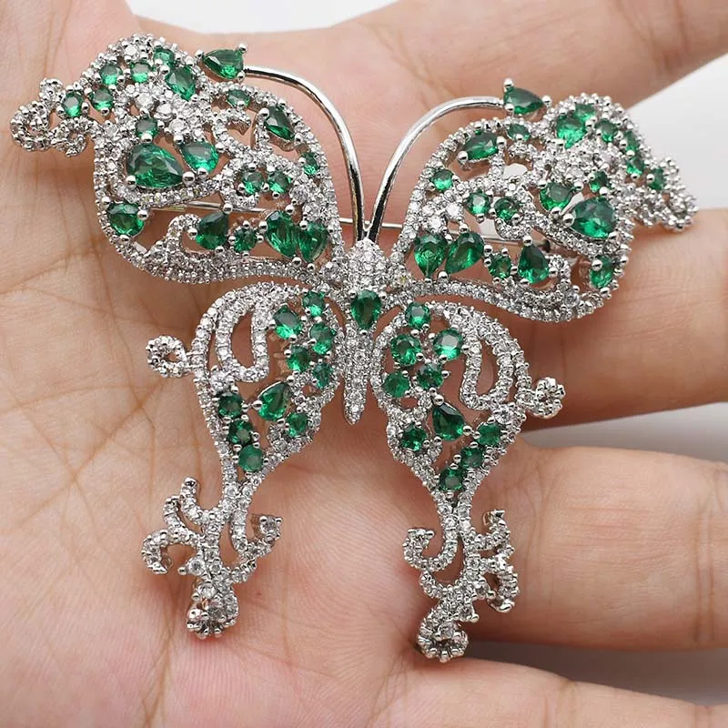 70X57mm Women's High Quality  White gold plated Mixed Color Cz micro butterfly brooch