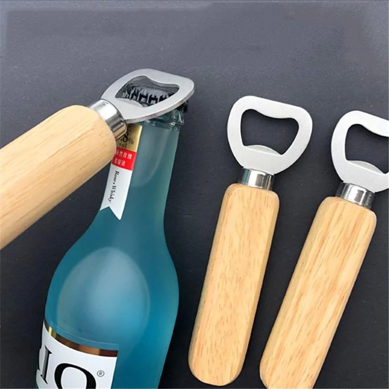 

100pcs Wood Handle Handheld Bartender Bottle Opener Wedding Groomsmen Gift stainless steel beer soda openers wholesale