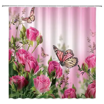

Flower Butterfly Decor Shower Curtain Pink Rose Romance Flowers Green Leaves Spring Scenic Fabric Bathroom Curtains,70x70 Inches