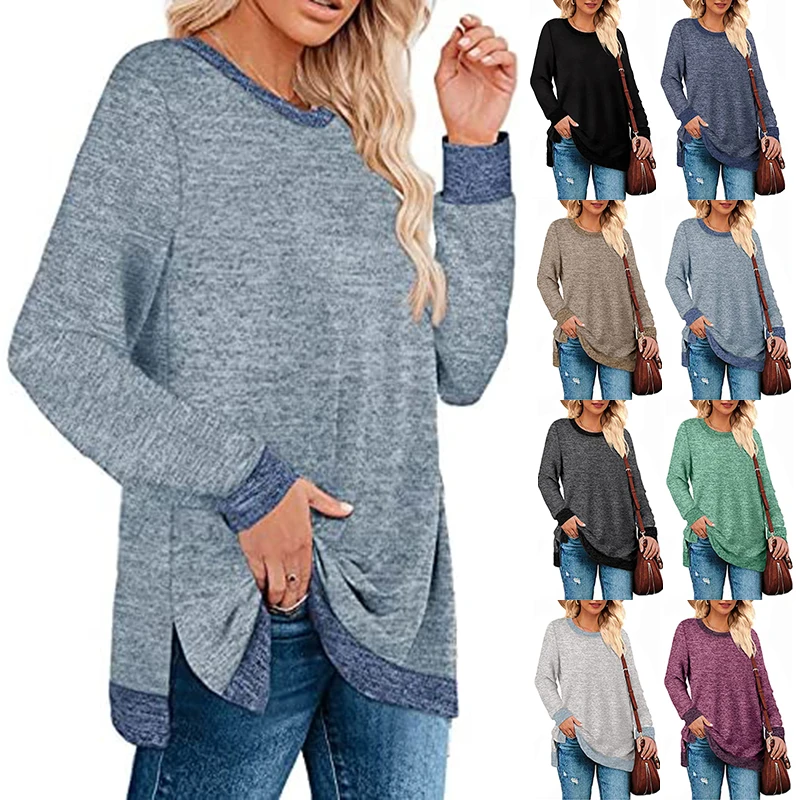 

European And American Women's Shirt Long Sleeve Round Neck Color Matching Split Top Loose Casual Pullover T-shirt