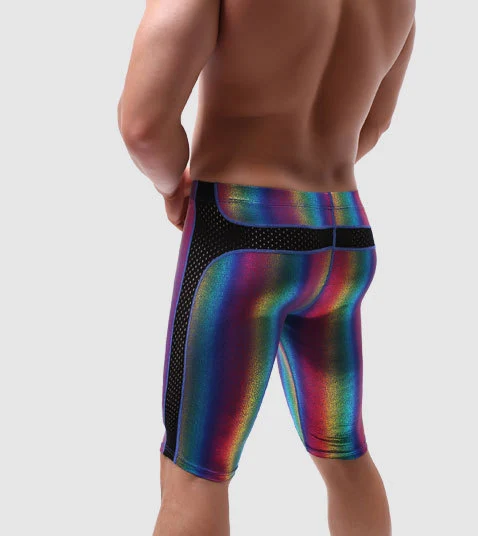 Мужские брюки блестящие радужные латексное нижнее белье Homme шорты брюки шорты облегающие фитнес Клубная одежда сетчатая дышащая Пижама
