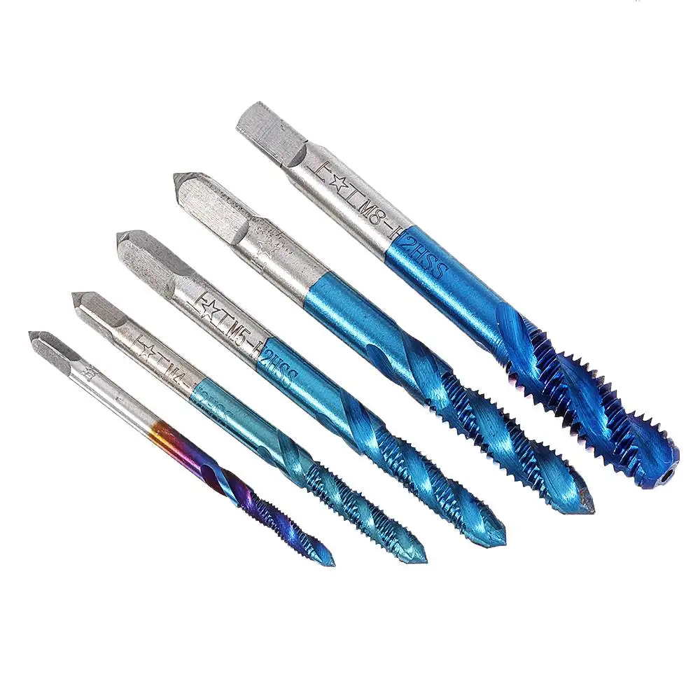 5pcs M3-M8 Spiral Thread Screw Tap Drill Blue-nano Coated Machine Tap Metric Drill Bit Set Durable