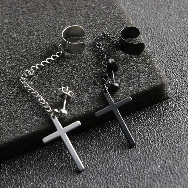 Cross earrings 1 Pc Punk Gothic Tassel Cross Stainless Steel Round Drop Earrings Women Men Fashion Party Punk Rock Jewelry