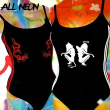 ALLNeon Angel Embroidery Black Bodysuits Straped Backless Skinny Rompers Casual Striped Sleeveless Punk Style Y2K Outfits Summer