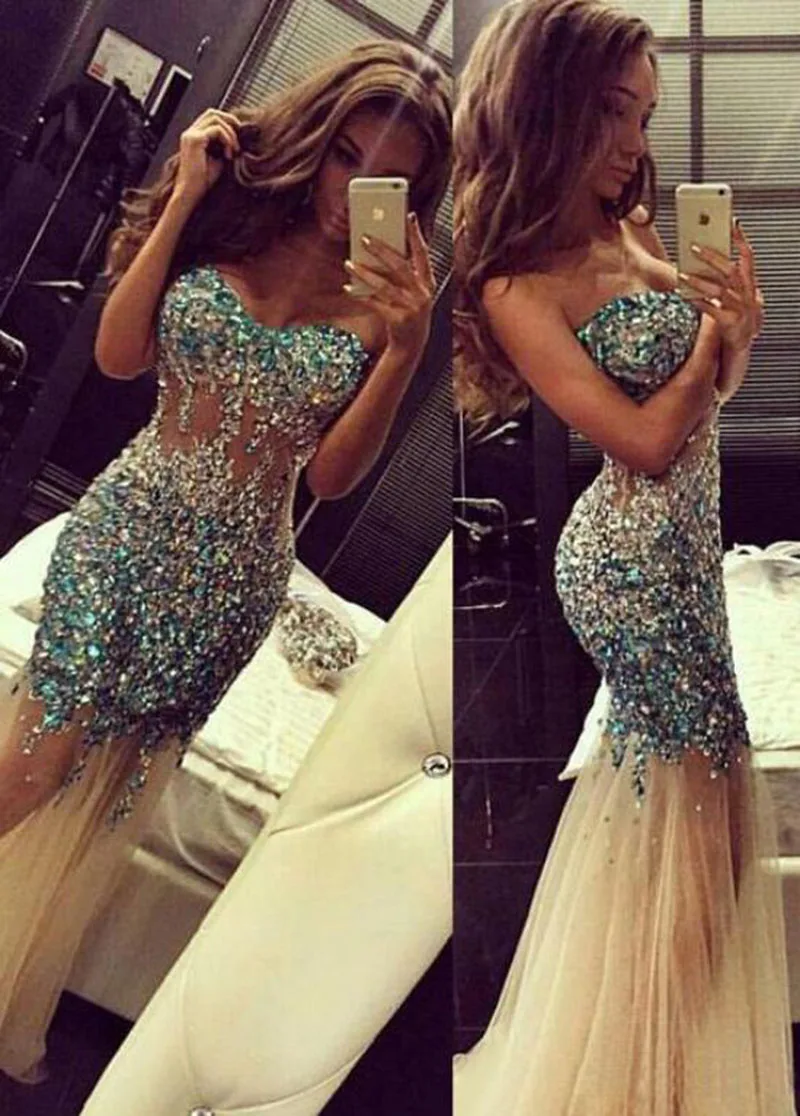 

Luxury Evening Dresses Rhinestones See Through Mermaid champagne Tull Prom Formal Gowns Pageant Dress for Women robe de soiree