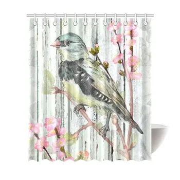

Vintage Bird with Flowers on Wooden Design Waterproof Shower Curtain Decor Fabric Bathroom Set with Hooks, 72(Wide) x 84(Height)