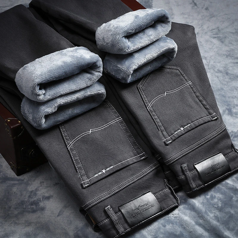 Модные зимние мужские джинсы серого цвета Винтажные эластичные прямые джинсы из флиса для мужчин Хлопковые толстые теплые джинсы мужские брюки, 203 - Цвет: WG203 gray