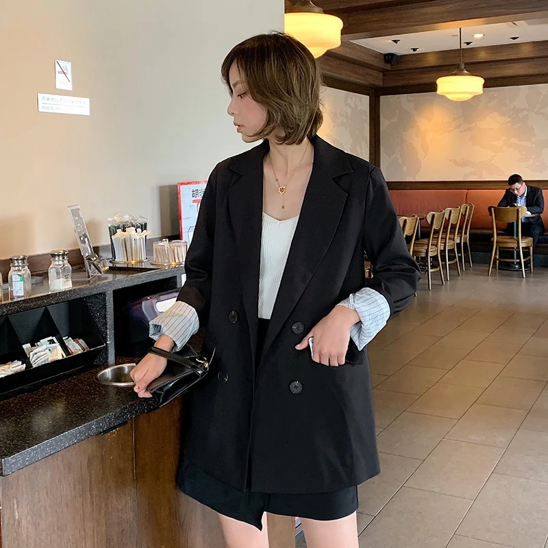 

Online Celebrity South Korea 2019 Autumn And Winter Double Breasted Stripes Leopord Pattern juan bian xiu CHIC Loose-Fit Fold-do