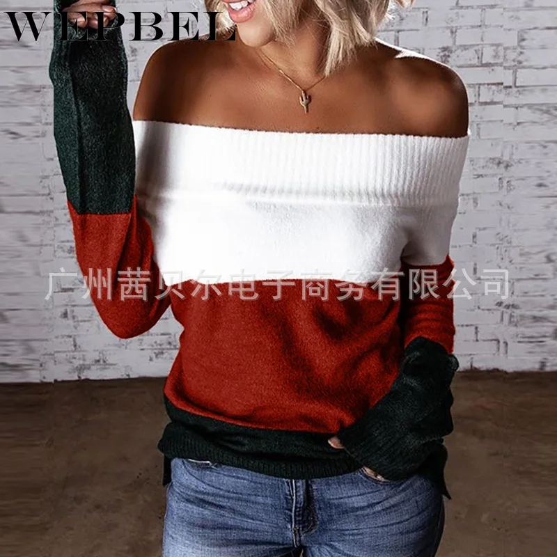 

WEPBEL Women's Fashion Stripe Stitching Knitted Sweater Autumn Casual Long Sleeve Slash Neck Off-Shoulder Pullover Sweater