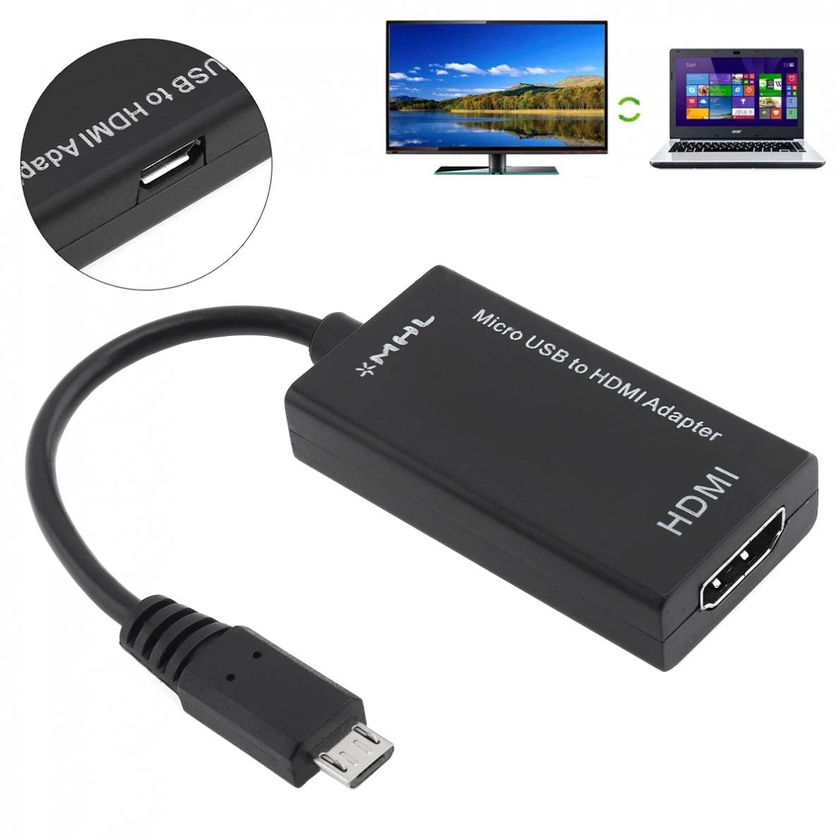 Adaptador USB HDMI, portátil, HD, negro, compatible con dispositivos MHL a televisión HD para teléfono móvil|Cables HDMI| -