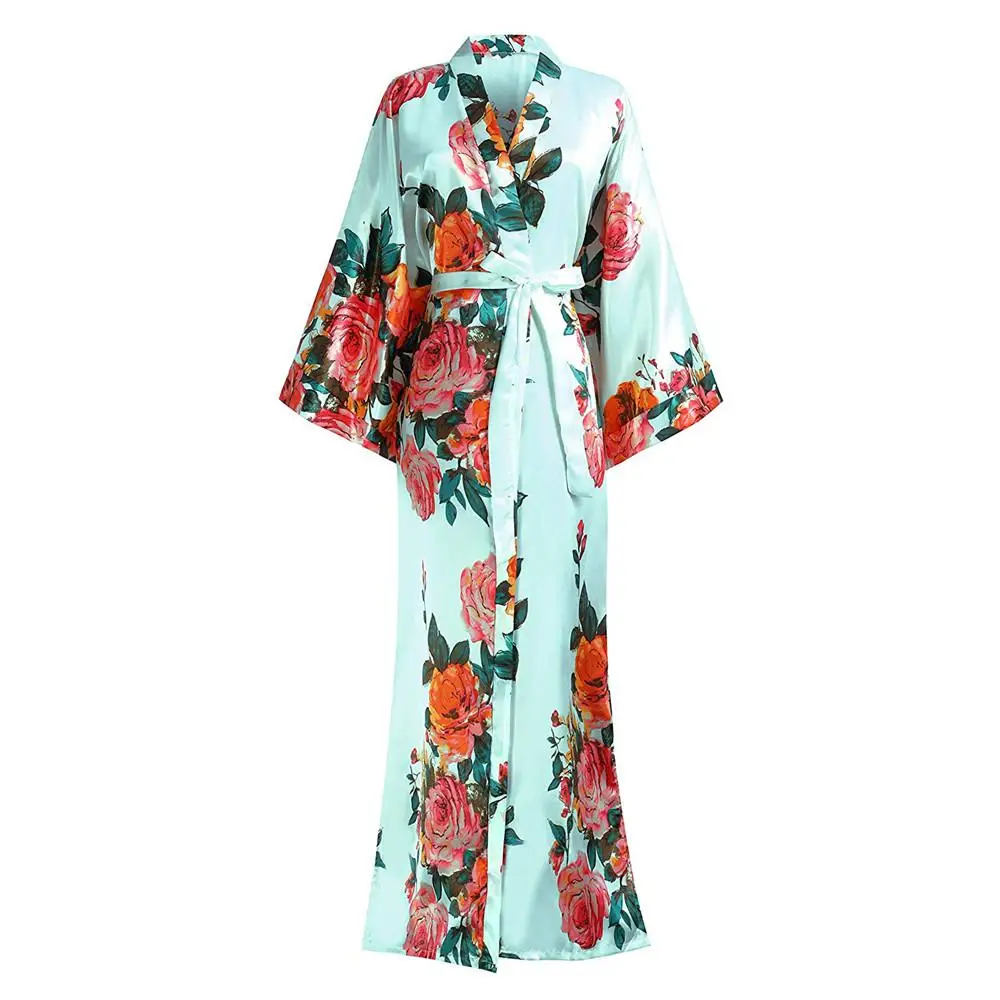 Темно-синий винтажный цветочный принт для молодой леди Атласный халат с коротким рукавом кимоно платье Новинка банный халат ночная рубашка с v-образным вырезом - Цвет: Print 2