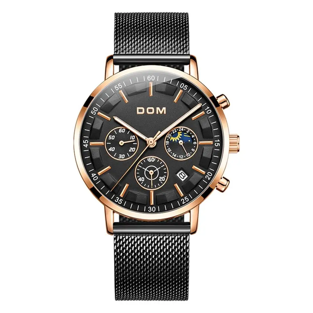 DOM Роскошные Брендовые мужские деловые часы с хронографом водонепроницаемые кварцевые наручные часы полностью стальные мужские часы Relogio Masculino M-1296GK - Цвет: M-1296GK-1M