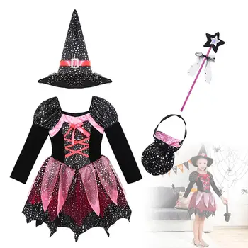 

New Girl Halloween Witch Costume Sparkling Silver Star Print Performance Dress and Pointed Hat Wand Set Halloween Fancy Dress