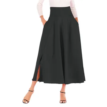 

JAYCOSIN Women Skirt Polyester Solid color Women High Waist Pleated A Line Long Skirt Front Slit Belted Skirt Fashion Casual