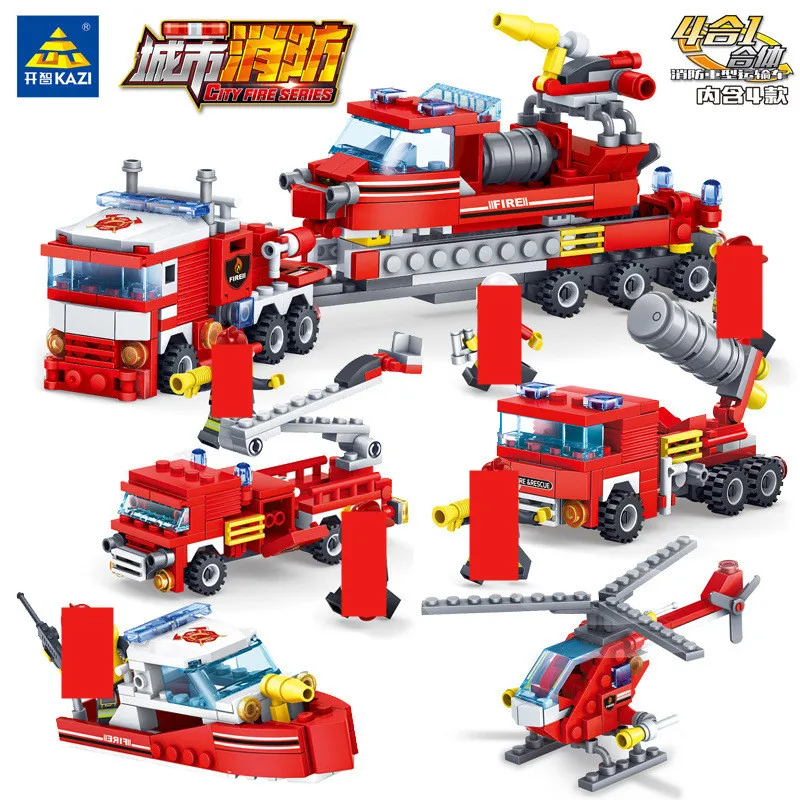 4 pièces/lot ville pompiers camions hélicoptère bateau blocs de construction pompier Brinquedos briques éducatives Playmobil enfants jouets (lot de 4)