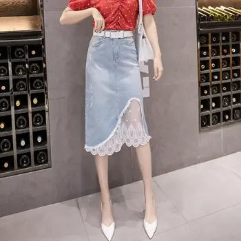 

High waist Denim skirts women 2020 summer lace Patchwork skirts women Harajuku high street plus size Jeans skirts r343