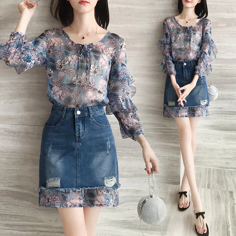 Женский Повседневный облегающий комплект из двух предметов шифоновая рубашка и