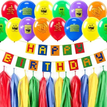 

Brick Theme Party Set Colorful Latex Balloons Happy Birthday Banner Cake Topper Building Block Kids Brick and Block Decorations
