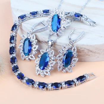 

Christmas Women Costume Bridal Jewelry Sets 925 Silver Blue Zirconia Luxury Jewelry Earrings Pendant Ring Bracelets Necklace Set