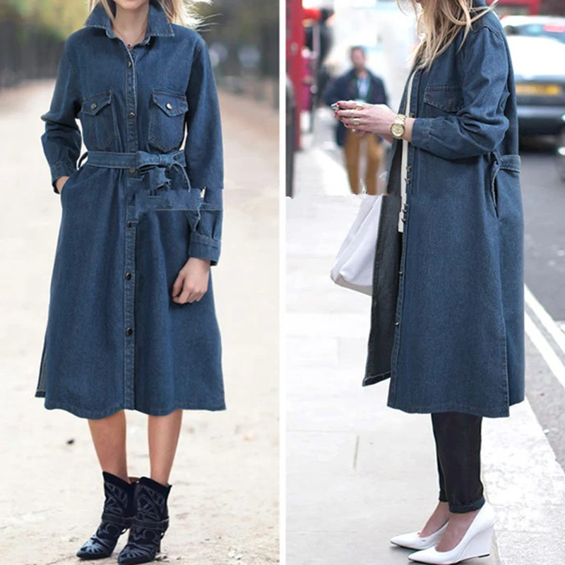 

Autumn Winter Dress Women 2019 Casual Vintage Warm Denim Dress Pocket Plus Size Turn-down Collar Long Sleeve Midi Dress vestidos